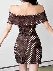 Top Dazzle Women's Sexy Polka Dot Short Sleeve Off-Shoulder A-Line Mini Dress, Backless Knit Fabric Party Sun Dress - Brown - View 5