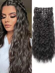 6pcs 24 Inch Black & Brown Clip-In Hair Extensions, Long Mermaid Wave Synthetic Fiber Clip-In Hair Extensions For Women - Multicolor - View 18