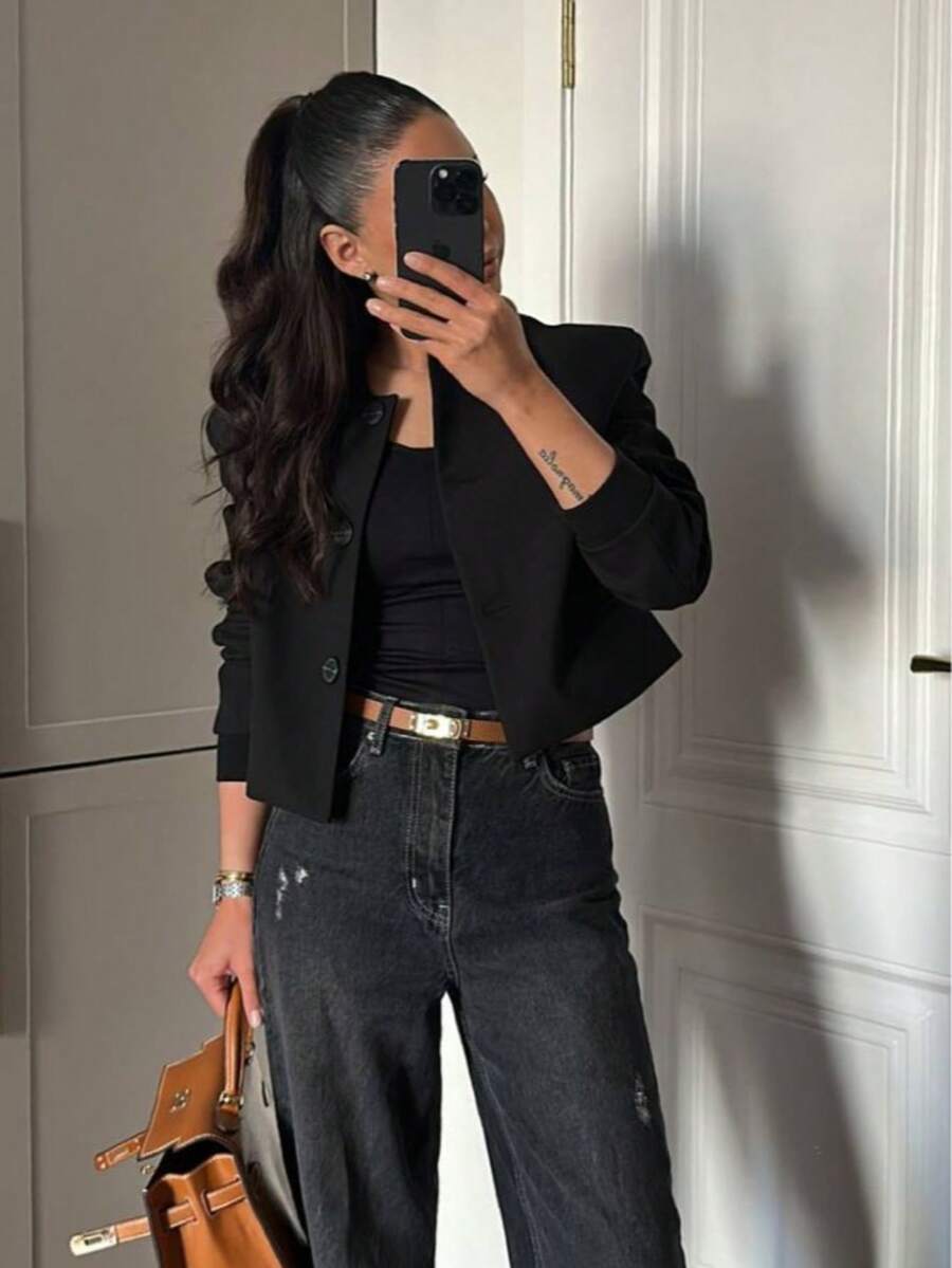 Women's Black Stand Collar Short Blazer, Button Front, Long Sleeve, Regular Length, Polyester Fabric, Non-Stretch, Suitable For Autumn Wear - Black - View 1