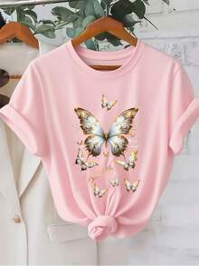 Camiseta casual de manga corta con estampado de letras cómoda para mujer - Rosa - Ver 1