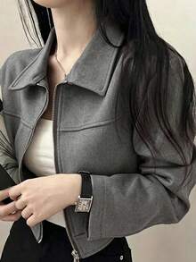 Women's Spring/Autumn Jacket, Lapel Collar, Solid Color, Faux Suede, Zipper, Daily, College, Airport - Dark Grey - View 3