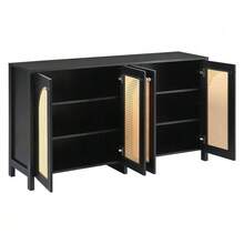 Modern Minimalist Sideboard With 4 Rattan Doors And Metal Handles; Simple Storage Unit For Dining Room, Living Room Or Kitchen (White) - 黑色 - 查看 7