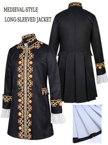 New Vintage Palace Style Jacket, Black Base With Striking Orange Vine Print, Stand Collar Design Showcases Noble Elegant. Cuffs Accented With White Lace Trim, Exquisite Details Highlight Luxury And Elegance. Eye-Catching Costume For Halloween, Masquerade Ball - Black - View 1