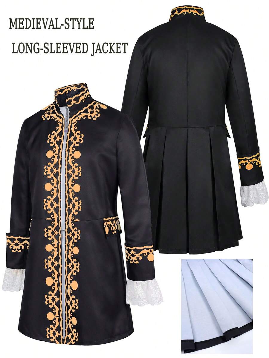 New Vintage Palace Style Jacket, Black Base With Striking Orange Vine Print, Stand Collar Design Showcases Noble Elegant. Cuffs Accented With White Lace Trim, Exquisite Details Highlight Luxury And Elegance. Eye-Catching Costume For Halloween, Masquerade Ball - Black - View 1