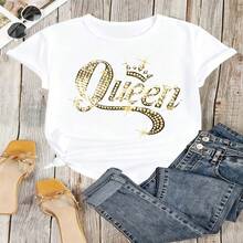 Queen Crown Graphic T-Shirt, 100% Cotton Oversized Soft Breathable Casual Crewneck Short Sleeve Top, Retro Glamor Style Tee For Women & Royal Fashion Lovers - 白色 - 查看 18