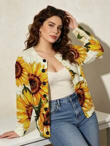 ASHKATIA Cardigan Sweater Vintage Ukuran Besar Wanita, Motif Bunga Matahari Bohemian, Rajutan Musim Gugur dan Musim Dingin untuk Acara Sosial - MultiWarna - View 2