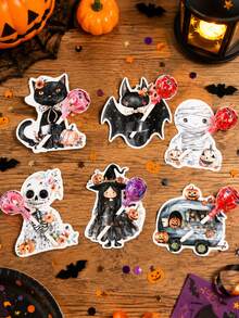 48pcs Halloween Lollipop Decoration Cards, 6 Styles Vintage Floral Black Cat Witch Mummy Skeleton Camper Cutout Candy Cards, Halloween Party Candy Packaging Labels, 2026 Halloween Decor, Halloween Party Supplies, Trick Or Treat, Ghost Party Decoration - Halloween B - View 9