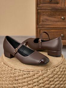 MonaNise Square Toe Low Block Heel Work Pumps - Brown - View 2
