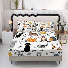 3-Piece Cute Cartoon Kitten Print Bedding Set (1 Fitted Sheet + 2 Pillowcases, No Inserts). Soft Skin-Friendly Polyester Material, Hand Washable Or Machine Washable. Simple And Cute Design, Suitable For Bedroom, Guest Room, Dormitory And Travel Use. - Multicolor 2 - View 7