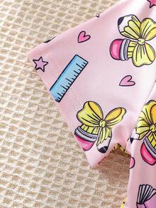 1pc Young Girl Casual Back To School Pencil Bow Ruler Print Dress, Soft Comfortable Knit Fabric, Suitable For Outdoor Wear, Spring/Summer - Pink - View 5