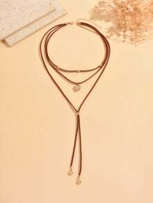 1pc Fashionable Western Cowboy Style Brown Velvet Rope Small Heart Tassel Heart Pendant Decor With Small Gold Beads Multi-Layer Necklace, Personalized Vintage Women's Neck Jewelry, Suitable For Daily Wear, Summer Vacation, Western Style Outfits And Music Festivals - Multicolor - View 2