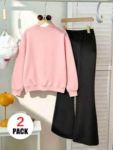 2pcs/Set Girls Vintage Print Crew Neck Long Sleeve Sweatshirt And Leopard Print Flare Pants, Fashion Casual, Suitable For Autumn/Winter - Multicolor - View 3
