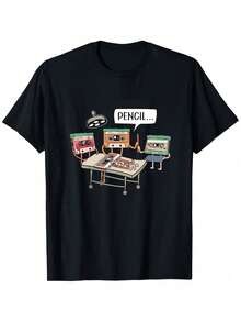 Camiseta Vintage de Música Años 80 para Hombres - Algodón Suave y Transpirable con Gráfico Retro del Casete & Lapis e Inscripción Pencil en , Camisa Corta Sin Cuello Ideal Nostalgia por los - Blanco - Ver 1