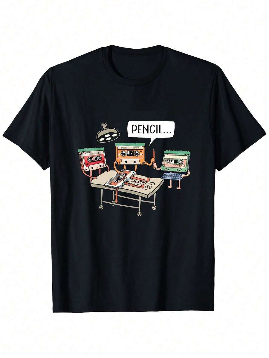 Camiseta Vintage de Música Años 80 para Hombres - Algodón Suave y Transpirable con Gráfico Retro del Casete & Lapis e Inscripción Pencil en , Camisa Corta Sin Cuello Ideal Nostalgia por los - Blanco - Ver 1