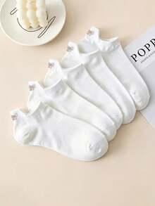 1/5 Paar Damen Sommer Schleife Einfarbig Kurze Socken, süße schweißabsorbierende atmungsaktive niedrige Socken, vielseitig für den täglichen Gebrauch, geeignet für alle Jahreszeiten - Weiss - Übersicht 2