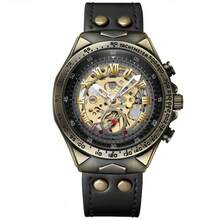 BINBOND1Pcs Waterproof Vintage Copper Brown Leather Strap Hollow Gear Skeleton Transparent Tourbillon Storage Visible Cover Automatic Mechanical Watch - Brown - View 12