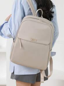 Women's Nylon Solid Color Quilted Large Capacity Versatile Backpack, Minimalist Casual Student Backpack, Storage Travel Bag, Commuter Bag - Beige - View 4