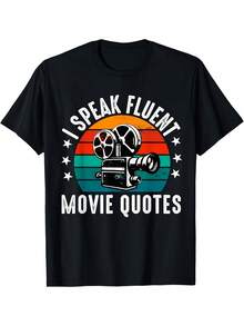 Camiseta unisex, para hombre y Mujeres Vintage Película Cinema Yo Habla Fluente Película Citas T Camisa Retro Película Reel y Estrellas Diseño Redondo Cuello Corto Manga para Película Amante - Negro - Ver 1