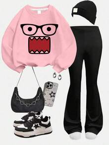 2PCS Teen Girl Funny Expression Print Long Sleeve Sweatshirt And Flare Pants Set, Cute Top And Pants 2 Pieces Outfit For Autumn/Winter, Suitable For Daily Wear - Black - View 3
