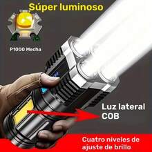 1pc LED Flashlight, IPX4 Powerful 4-LED Flashlight With COB Side Light, 4 Modes USB Rechargeable LED Flashlight, Flashlight With Built-In Battery, Camping Tool - Black - View 2