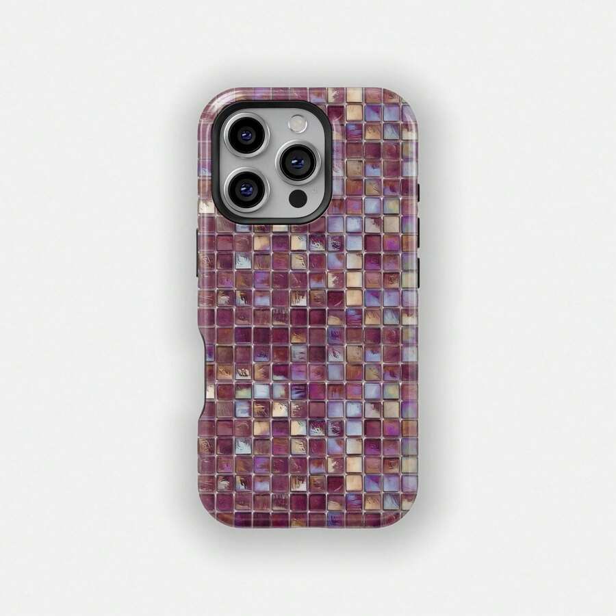 Una elegante funda para teléfono que no incluye cordón ni soporte. Funda para teléfono con diseño de mosaico de rejilla morada, os de rejilla a la moda, textura de vidrio artístico, compatible con 17 16 15 14 Pro Plus 13 12 11 Spring. - Morado - Ver 1
