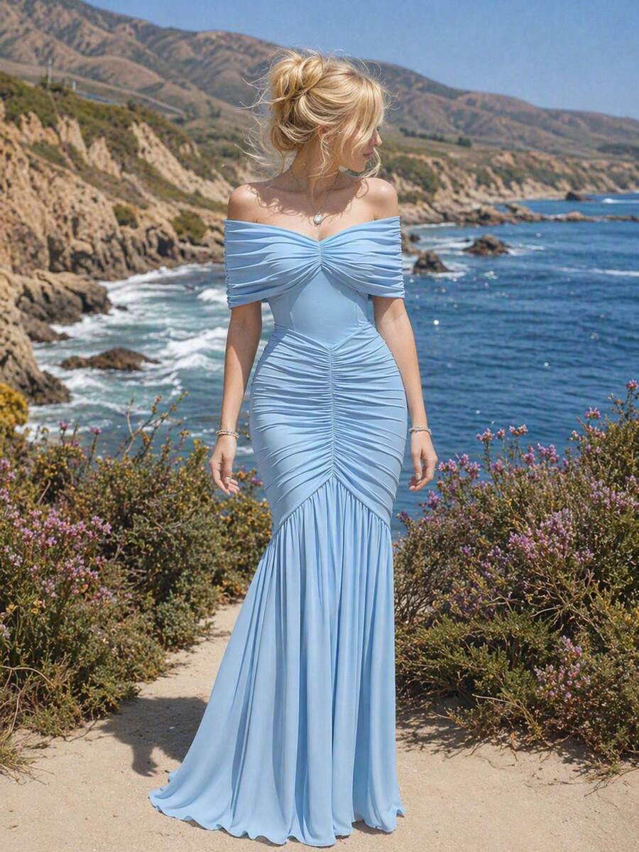 Women's Spring/Summer Light Blue Off-Shoulder Fashion Elegant High-End Bodycon Dress, Suitable For Evening Parties, Weddings, Parties, Vacations And Various Occasions - Baby Blue - View 1