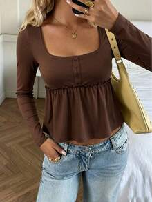 Chic Women's Long Sleeve Square Neck Peplum Blouse, Knitted Fabric With Regular Fit And Button Details, Perfect For Fall - Brown - View 5