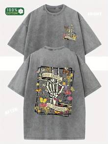 Camiseta Lavada Vintage Algodón Grueso con Doble Estampado Ilustrativo Gráfico, Corte Unisex Variedad de Tallas, Prenda Casual Moda Urbana Estilo Dibujo Manga - Gris - Ver 1