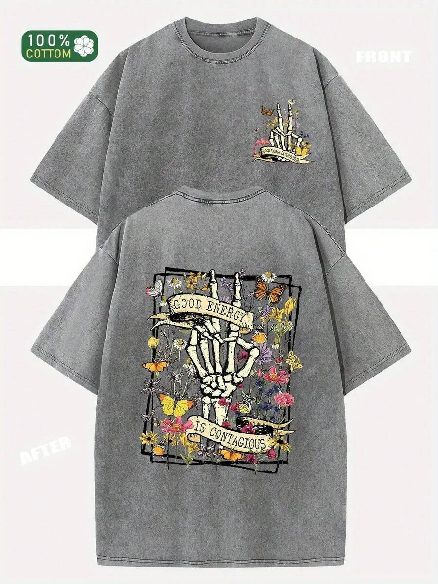 Camiseta Lavada Vintage Algodón Grueso con Doble Estampado Ilustrativo Gráfico, Corte Unisex Variedad de Tallas, Prenda Casual Moda Urbana Estilo Dibujo Manga - Gris - Ver 1