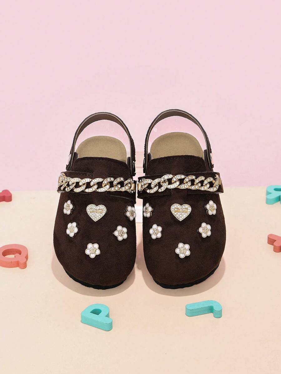 Zapatos tipo mule para niñas en color marrón café con cadena de strass y lazo de strass con hebilla decorativa 3D, adecuados para todas las estaciones, zapatos de punta cerrada con espalda abierta y sin cordones - Café integral - Ver 1