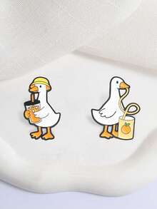 2pcs Summer Juice Goose Enamel Pin Set, Cute Drinking Duckling Matching Brooch, Fun Accessory For Kids & Adults, Perfect Gift Idea - Multicolor - View 5