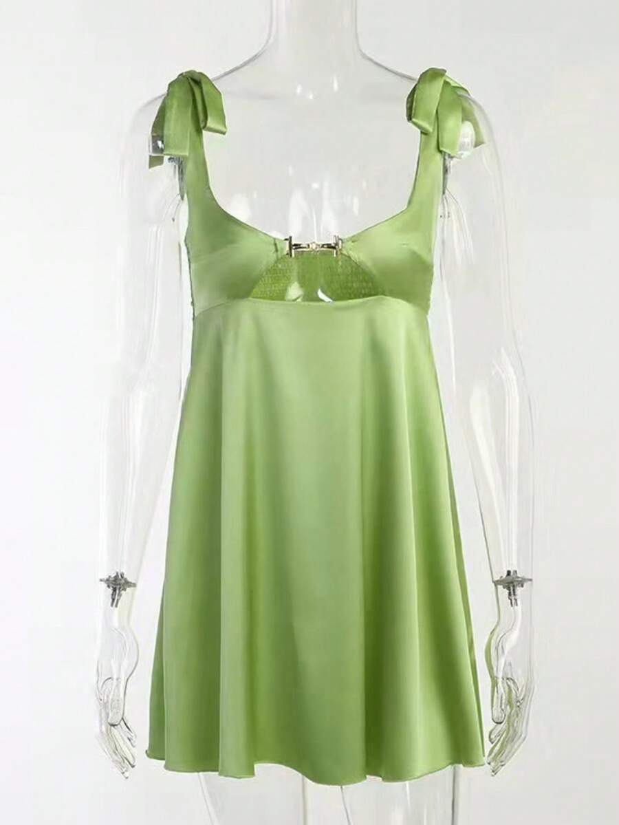 French Satin Tray Dress With Lace-Up Straps And Adjustable Drawstring - 綠色 - 查看 1