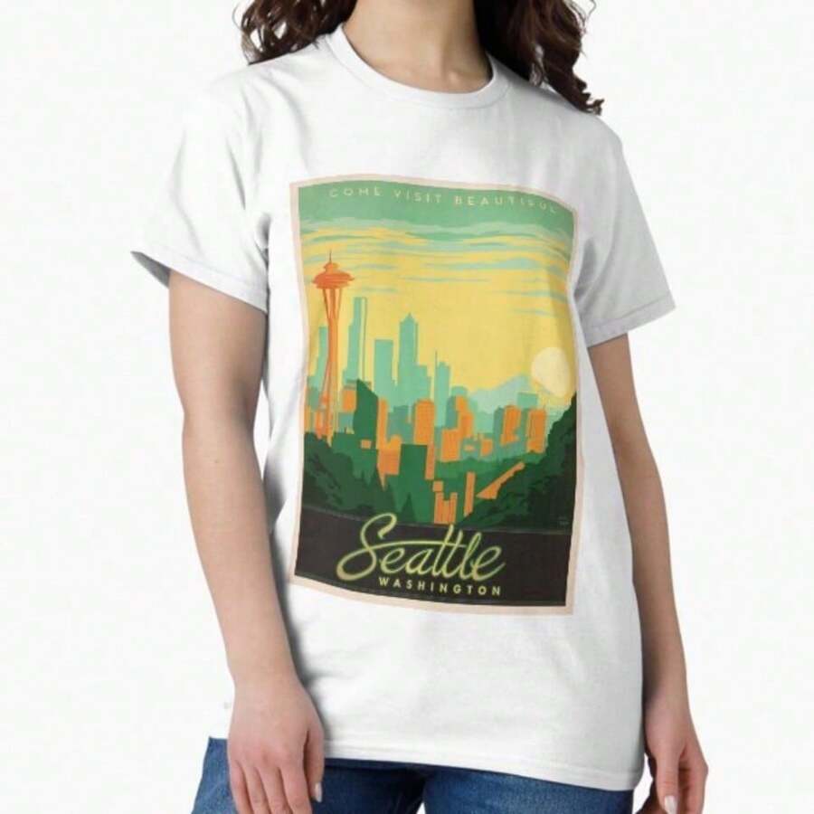 Camiseta con la aguja espacial frente a una ciudad colorida - Azul - Ver 1