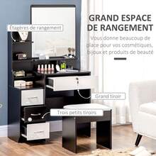 Vanity Table And Stool Set, Makeup Desk With Large Mirror, Open Shelves And 4 Drawers, Black And White - Black - View 6