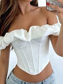 Apperloth A Elegant White Strapless Corset Top, Cold Shoulder Ruffle Trim, Lace-Up Back Design, Boning Structure, Summer Style - White - View 6