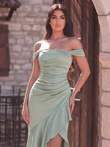 Faeriesty Elegant Off-Shoulder Asymmetric Ruffle Formal Evening Dress, Suitable For Wedding Guests, Formal Galas, Banquets And High-End Dinners Party - Mint Green - View 3