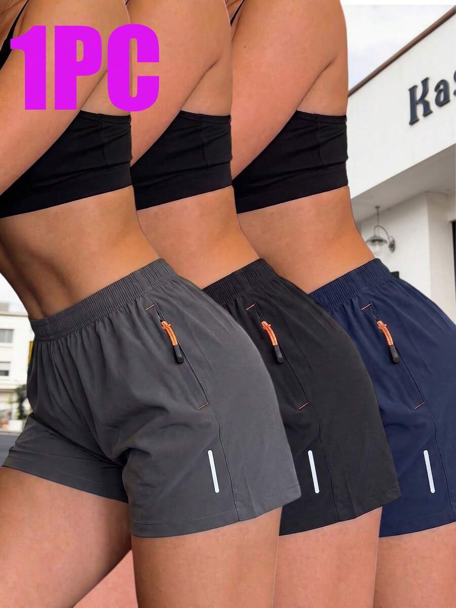 1pc Women's Summer Zipper Pocket Sports Shorts, Suitable For Running, Fitness, Workout And Other Occasions - Grey - View 1
