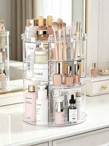 Organizador de cosméticos giratorio 360° DIY ajustable, soporte giratorio para maquillaje, caja de almacenamiento de cosméticos de gran capacidad, soporte para brochas de maquillaje, adecuado para mesa de tocador (transparente) - Multicolor - Ver 7