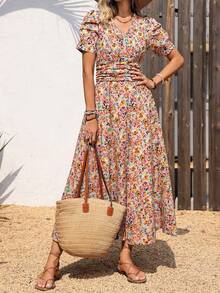 LUNE Vestido de verano de mujer con mangas de pétalos fruncidos, cintura ceñida y estampado floral vintage - Multicolor 2 - Ver 1