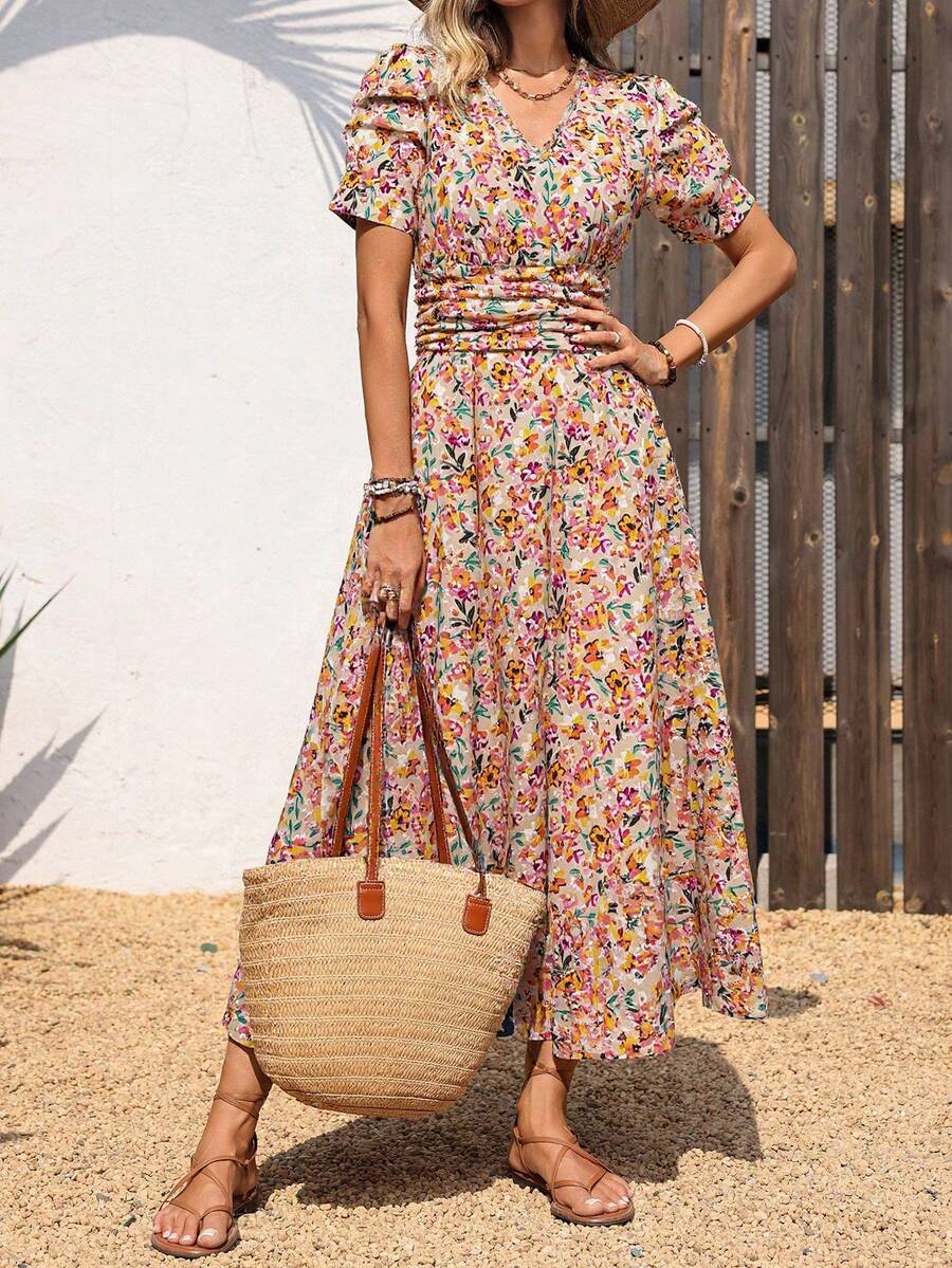 LUNE Vestido de verano de mujer con mangas de pétalos fruncidos, cintura ceñida y estampado floral vintage - Multicolor 2 - Ver 1