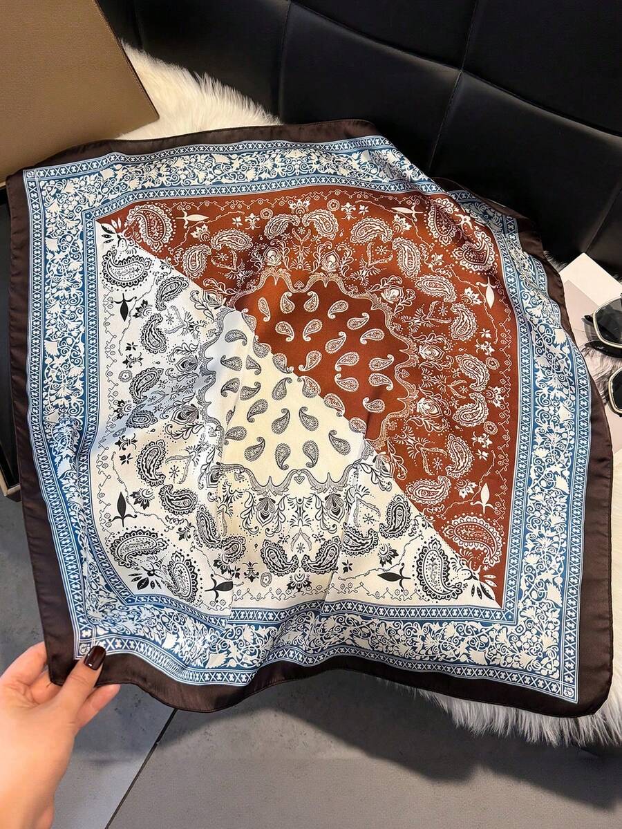 1 pieza Pañuelo cuadrado de mujer de 70 cm con estampado floral de cachemira de seda, pañuelo versátil, accesorio para el cabello, pañuelo de moda para vestir - Multicolor - Ver 1