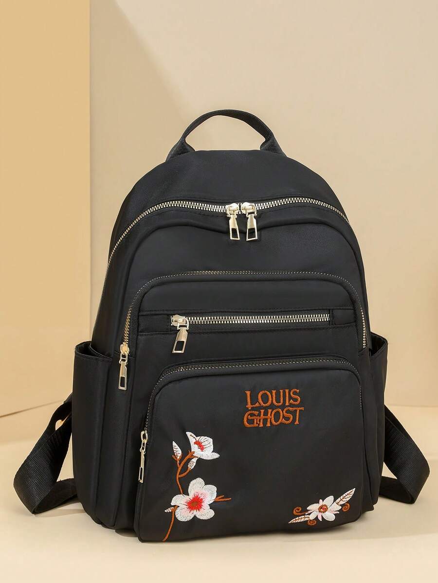 Tas Ransel Minimalis Wanita, Tas Bahu Vintage Bordir Huruf Bunga, Tas Ibu Klasik, Tas Ransel Pelajar - Hitam - View 1