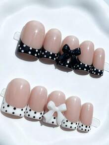 Shecass10 High-Quality Square Handmade False Nails, Y2K Polka Dots, Bows, Nude And White, Black French Nails, Suitable For Parties And Music Festivals, For Women And Girls, Includes 3 Tools, Summer Nails, Daily Wear, Graduation, Travel, Weddings, Festivals Back To School - Multicolor - View 3