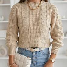 Women's Long-Sleeved Ribbed Blouse With A Round Neck And Braided Knit Details, In A Wool-Like Fabric. - Beige - View 1