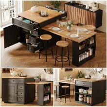 Extendable Kitchen Island (120-184 Cm) With Drawers And Casters, Mobile Island With Wood-Effect Top, Versatile Countertop For Kitchen, Dining Room And Bar, White - 黑色 - 查看 4