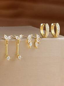 3 Pairs/6pcs Set Exquisite Leaf Zirconia Small Earring Set, 18K Gold Plated, Unique Adjustable Ear Cartilage Studs, Ear Piercing Jewelry - 6pcs Earrings Set - View 2