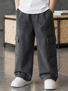 1 pezzo Jeans in denim casual da ragazzo, con design cargo a gamba larga e morbida, nuovo arrivo estate 2025 - Grigio Scuro - Visualizzare 3