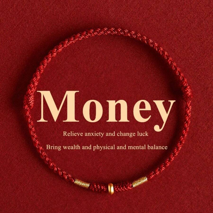 Gelang Anyaman Tali Merah + Manik-Manik Emas, Gelang Keberuntungan dan Berkah untuk Kekayaan, Keseimbangan Fisik dan Mental, serta Meredakan Kecemasan - Gelang - View 1