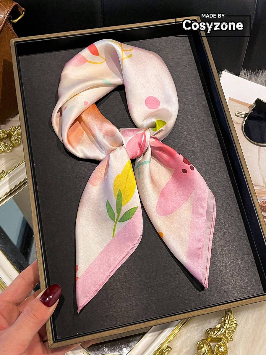 1件仿絲優雅花卉印花70cm小方巾女式頭巾 時尚百搭腰帶領巾圍巾裝飾絲巾 脖巾髮飾 適合日常穿搭 - 粉色 - 查看 1