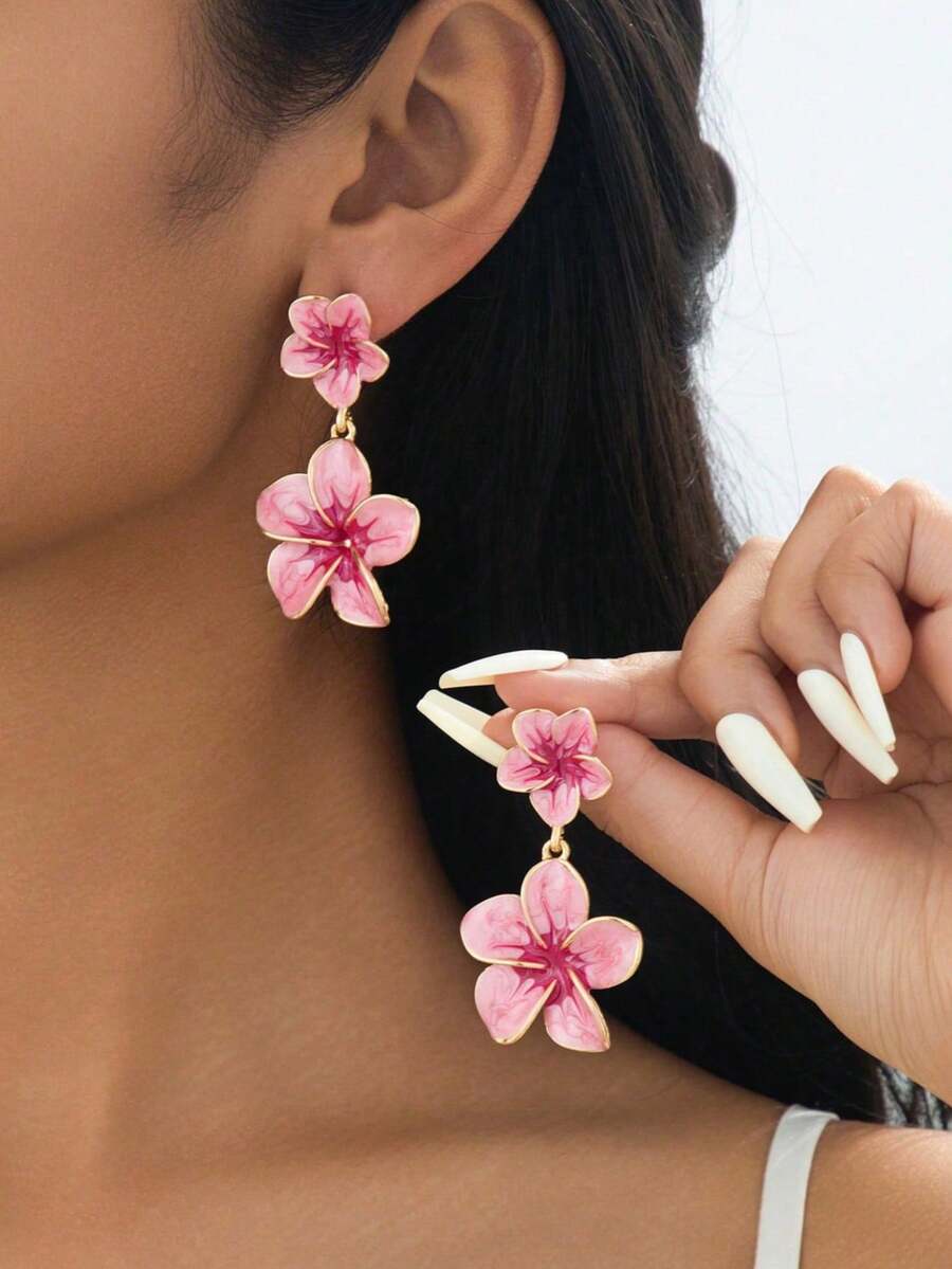 1對漸層粉色油滴多層茄花吊墜耳環，適合女性日常配戴 - 粉色 - 查看 1